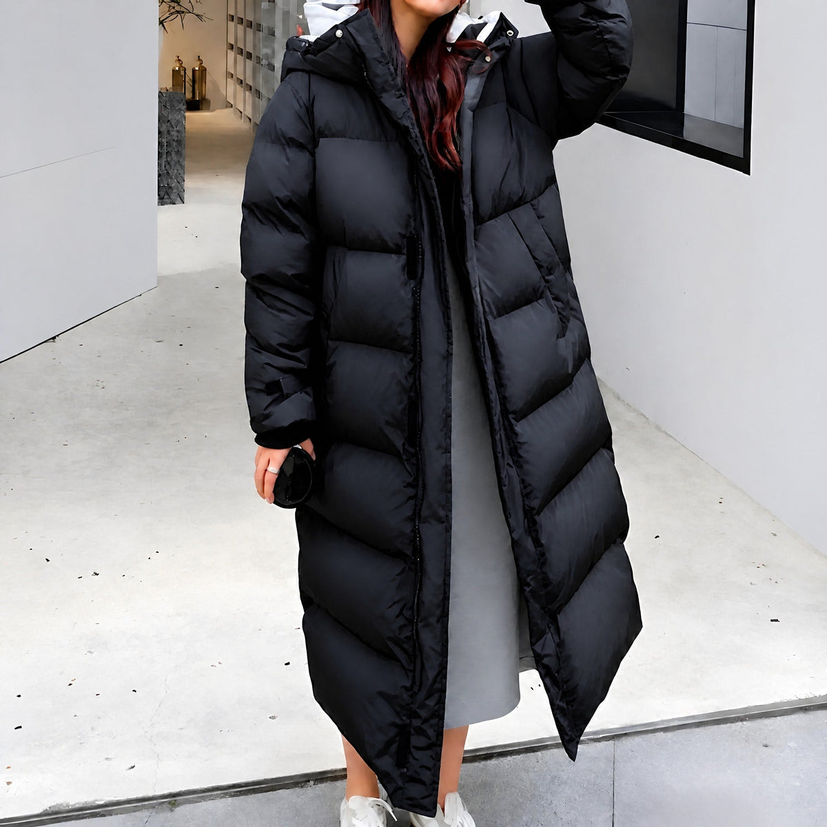 Sophie - Women's Hooded Longline Puffer Parka with Drawstring Waist - Coats & Jackets - Black - Sarvento