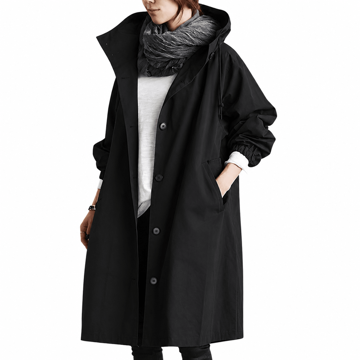 Sophie - Women's Hooded Longline Trench Coat - Trench Coats - Black - Parker&Brooks