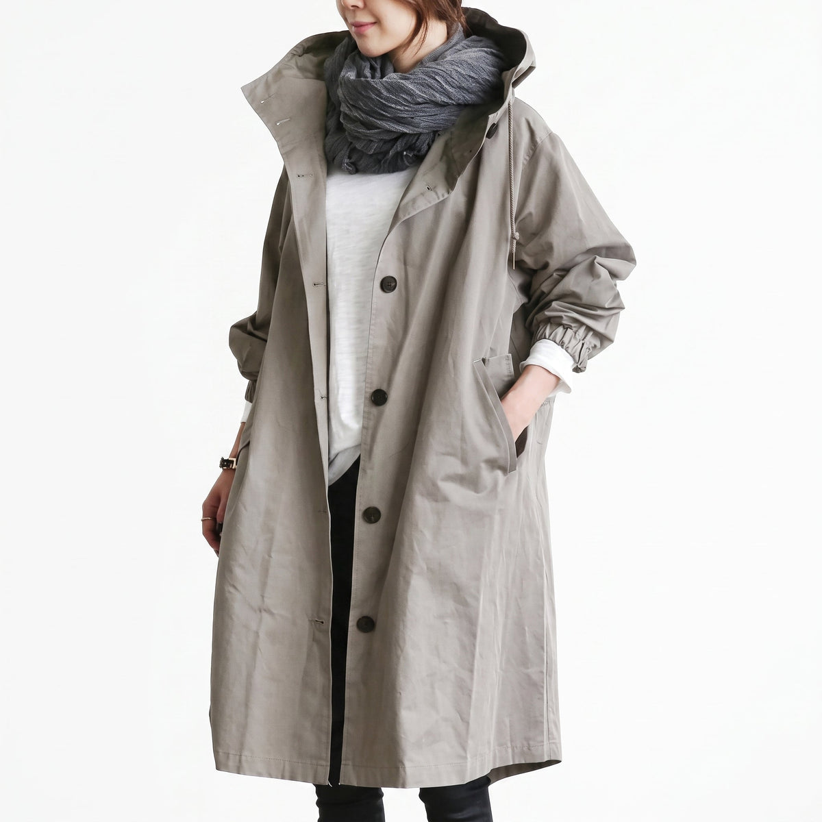 Sophie - Women's Hooded Longline Trench Coat - Trench Coats - Gray - Parker&Brooks