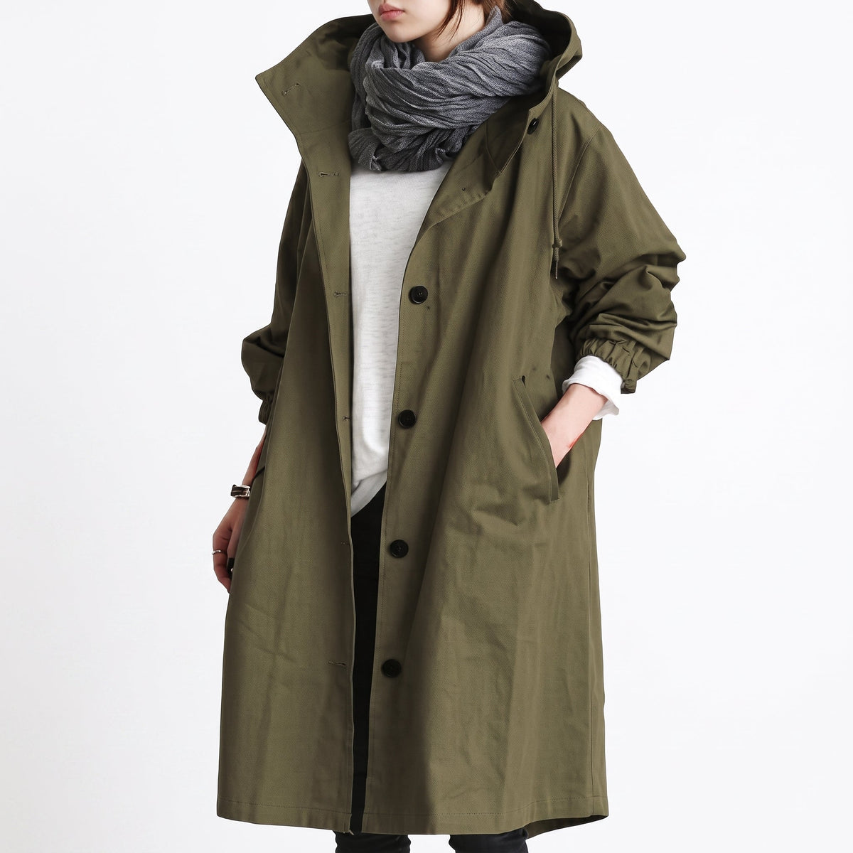 Sophie - Women's Hooded Longline Trench Coat - Trench Coats - Army Green - Parker&Brooks