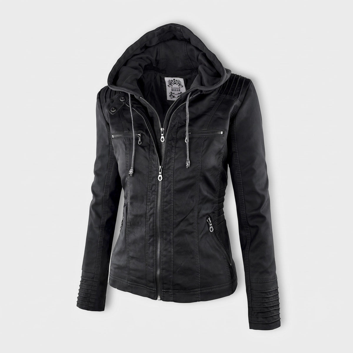 Sophie - Women's Hooded Moto Jacket with Detachable Hood - Motorcycle Outerwear - Black - Parker&Brooks