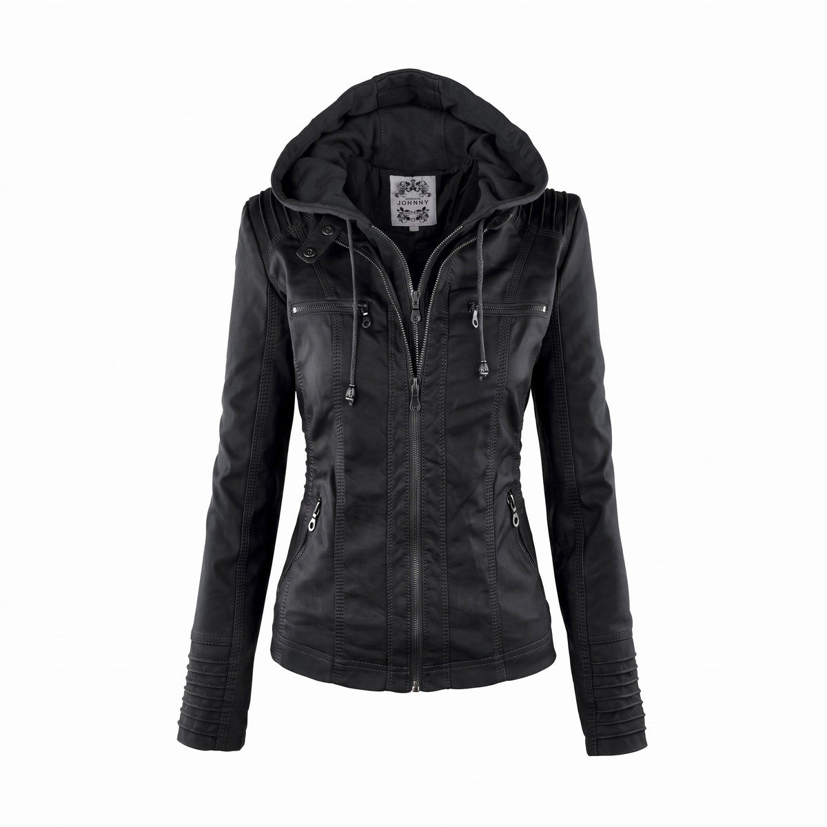 Sophie - Women's Hooded Moto Jacket with Detachable Hood - Motorcycle Outerwear - Black - Parker&Brooks