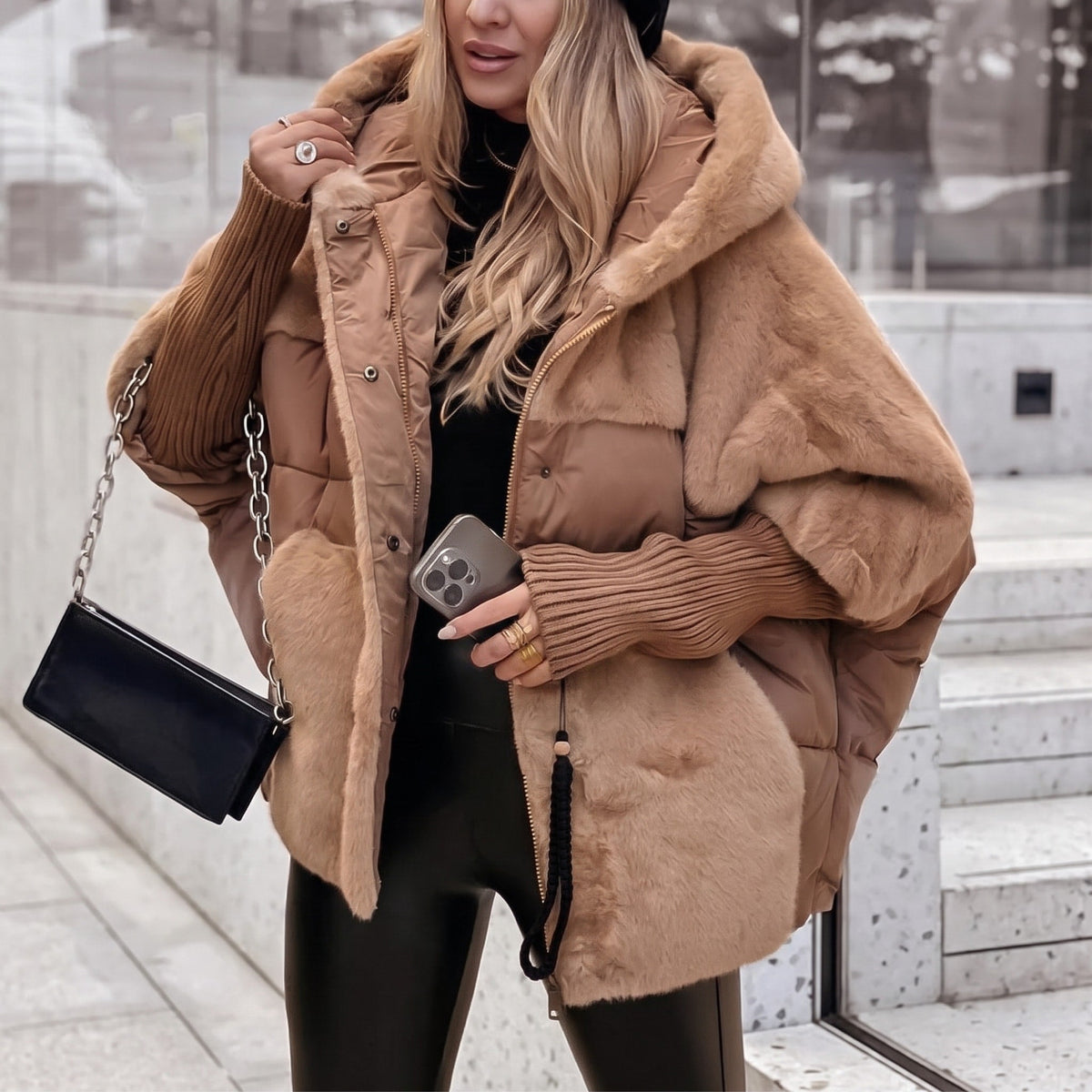 Sophie - Women's Hooded Puffer Jacket with Faux Fur Trim and Zip Closure - Puffer Jacket - Brown - Sarvento