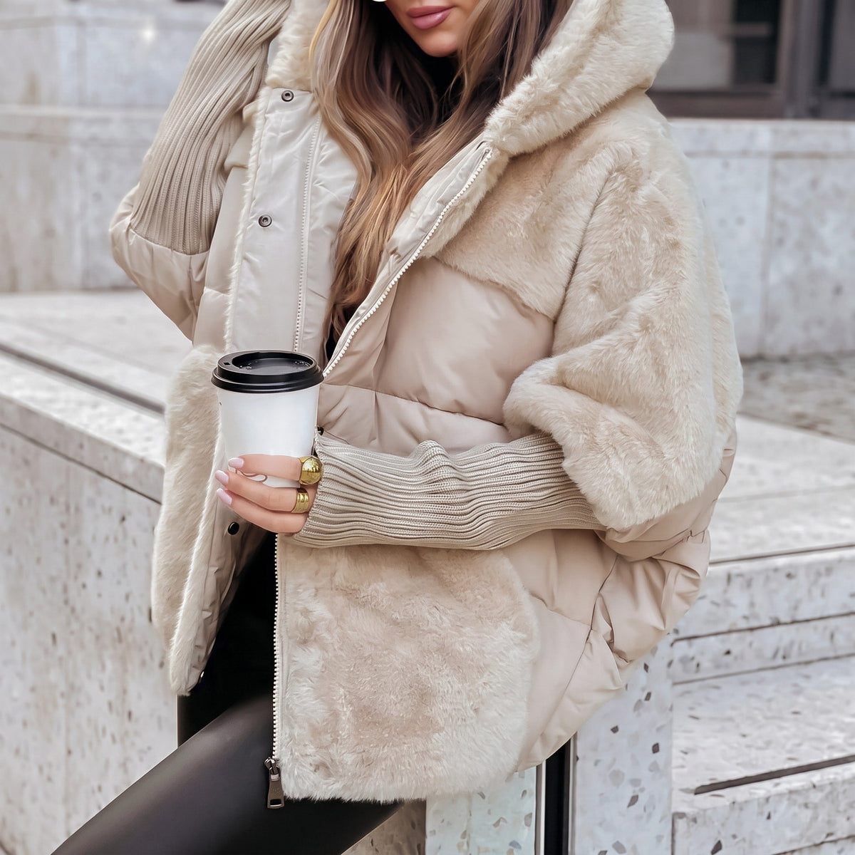 Sophie - Women's Hooded Puffer Jacket with Faux Fur Trim and Zip Closure - Puffer Jacket - Apricot - Sarvento