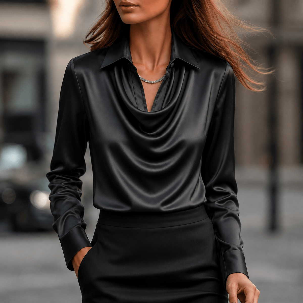 Sophie - Women's Long Sleeve Cowl Neck Blouse with Collar - Blouses - Black - Parker&Brooks