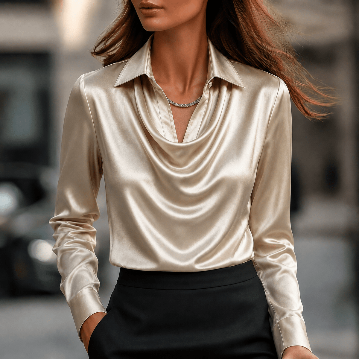 Sophie - Women's Long Sleeve Cowl Neck Blouse with Collar - Blouses - Beige - Parker&Brooks