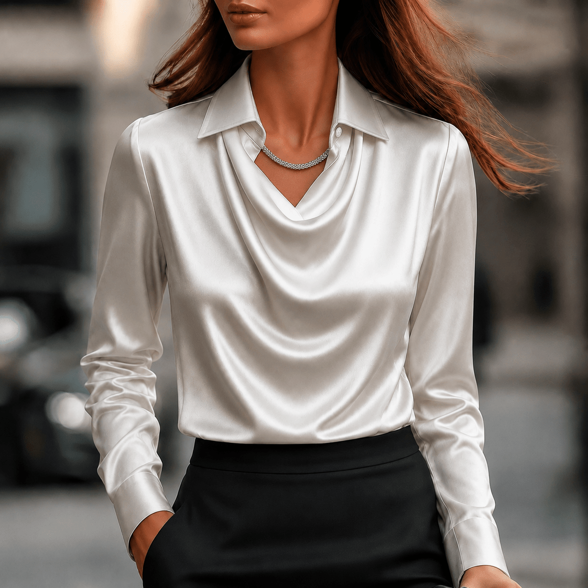 Sophie - Women's Long Sleeve Cowl Neck Blouse with Collar - Blouses - White - Parker&Brooks