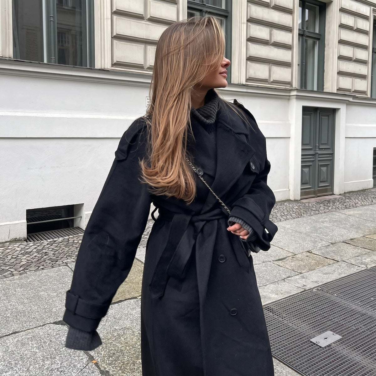 Sophie - Women's Longline Double-Breasted Trench Coat with Belted Waist - Trench Coats - Black - Parker&Brooks