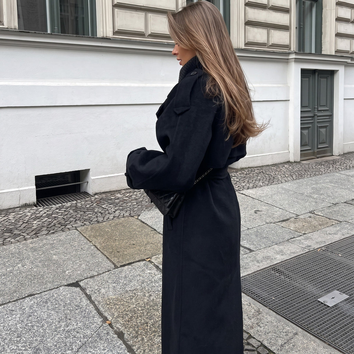 Sophie - Women's Longline Double-Breasted Trench Coat with Belted Waist - Trench Coats - Black - Parker&Brooks