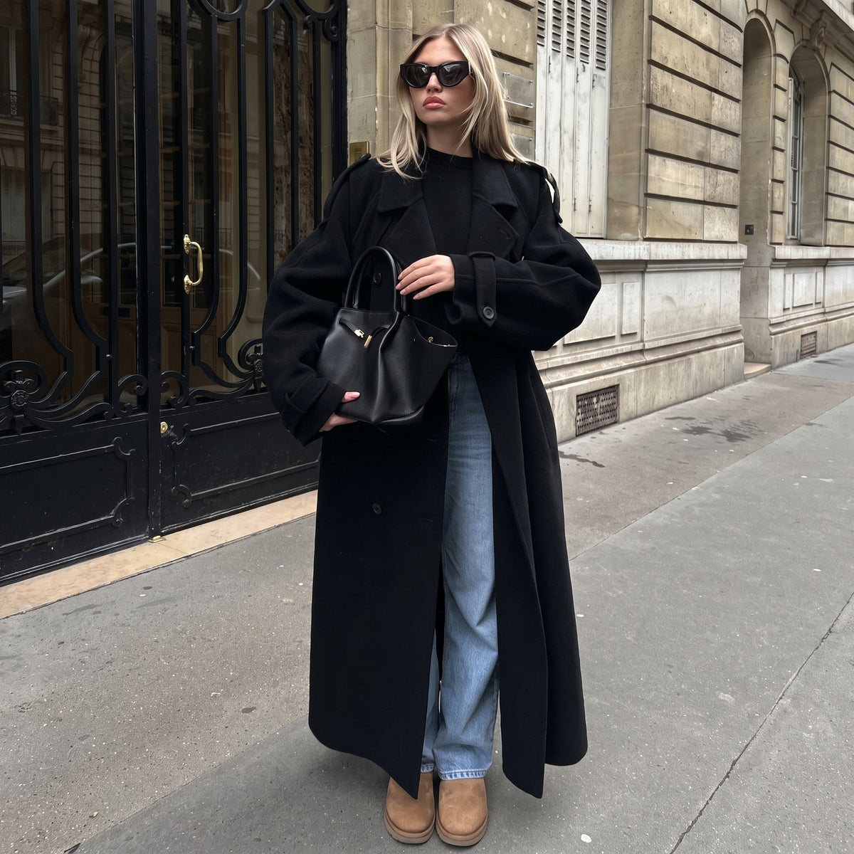 Sophie - Women's Longline Double-Breasted Trench Coat with Belted Waist - Trench Coats - Black - Parker&Brooks