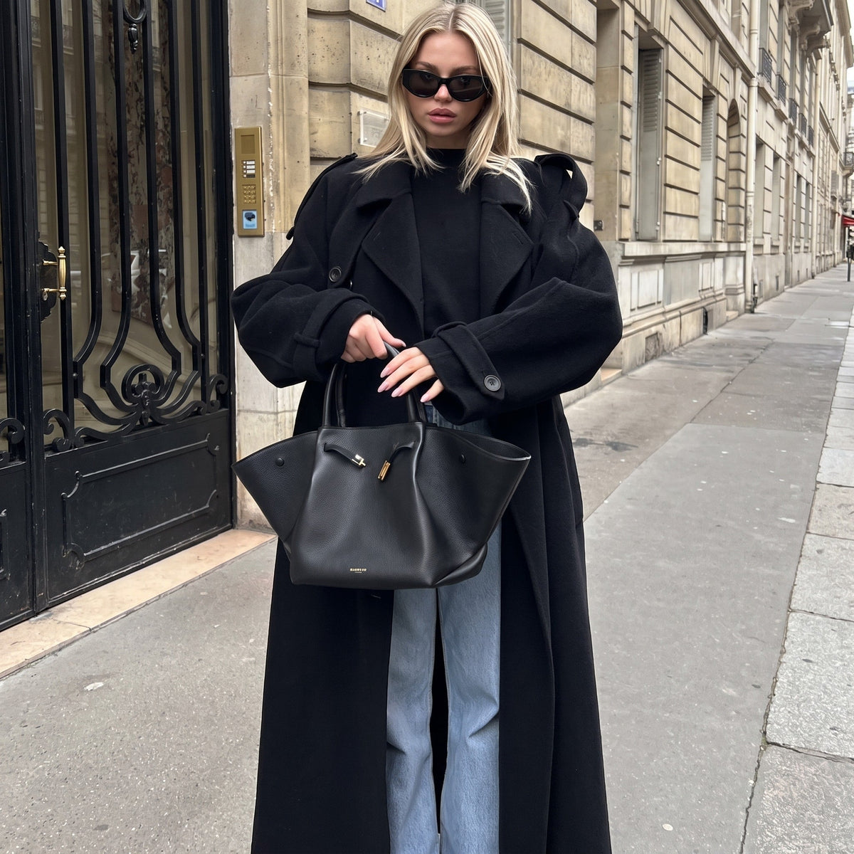 Sophie - Women's Longline Double-Breasted Trench Coat with Belted Waist - Trench Coats - Black - Parker&Brooks