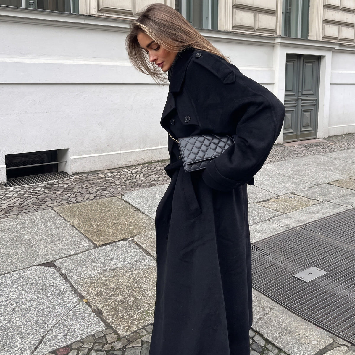 Sophie - Women's Longline Double-Breasted Trench Coat with Belted Waist - Trench Coats - Black - Parker&Brooks