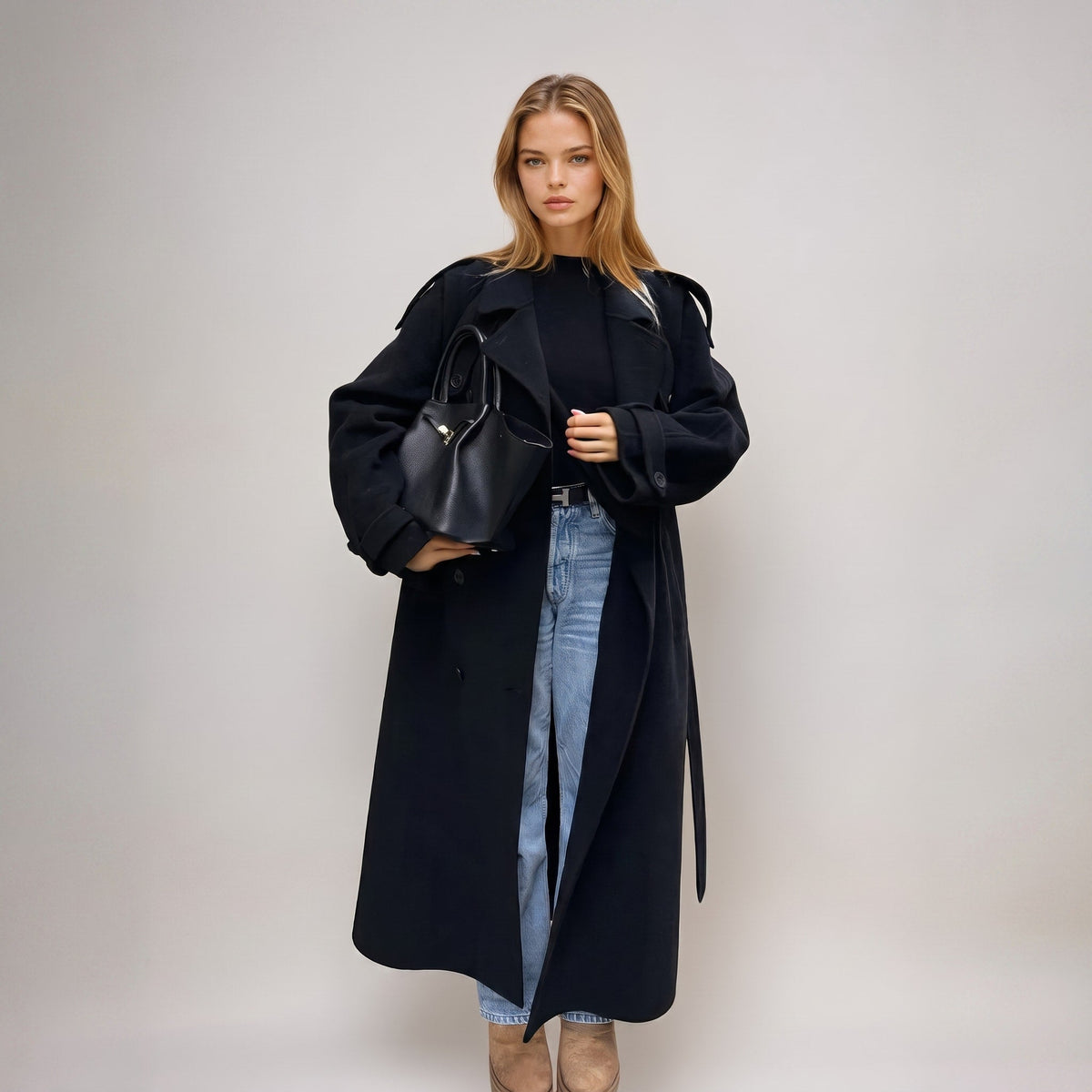 Sophie - Women's Longline Double-Breasted Trench Coat with Belted Waist - Trench Coats - Black - Parker&Brooks