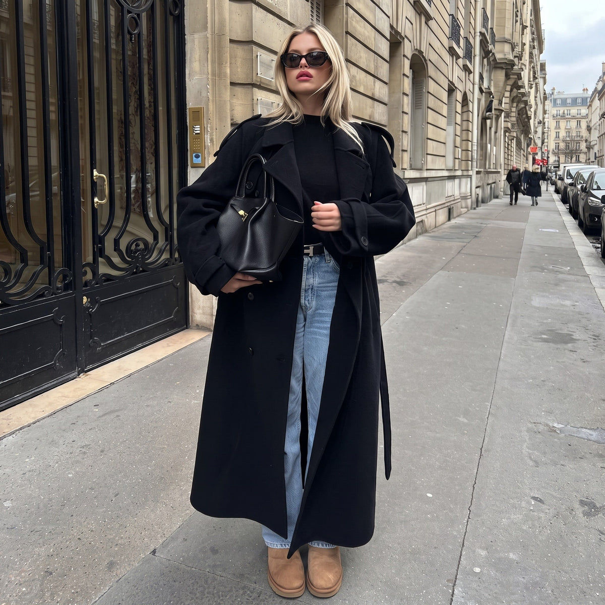 Sophie - Women's Longline Double-Breasted Trench Coat with Belted Waist - Trench Coats - Black - Parker&Brooks