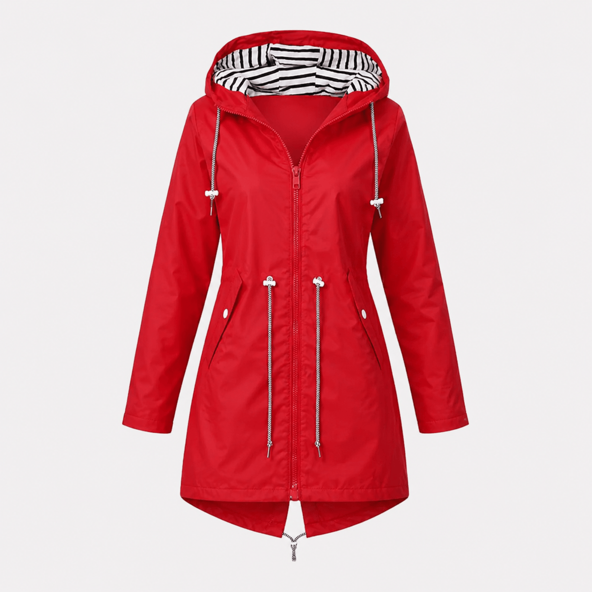 Sophie - Women's Longline Hooded Rain Jacket with Striped Lining - Rain Coat - Red - Parker&Brooks