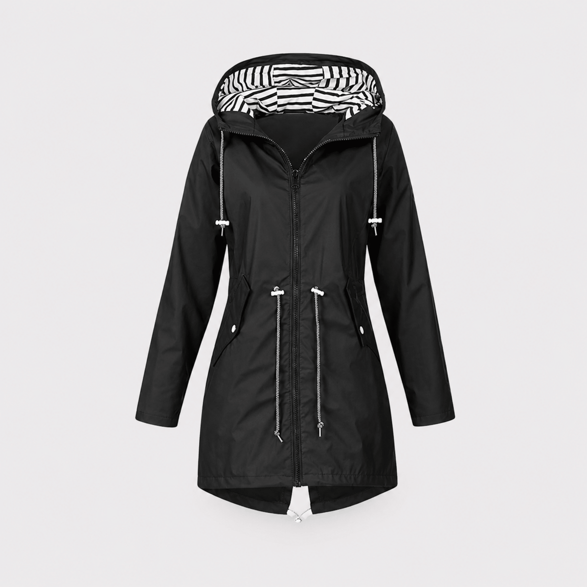 Sophie - Women's Longline Hooded Rain Jacket with Striped Lining - Rain Coat - Black - Parker&Brooks
