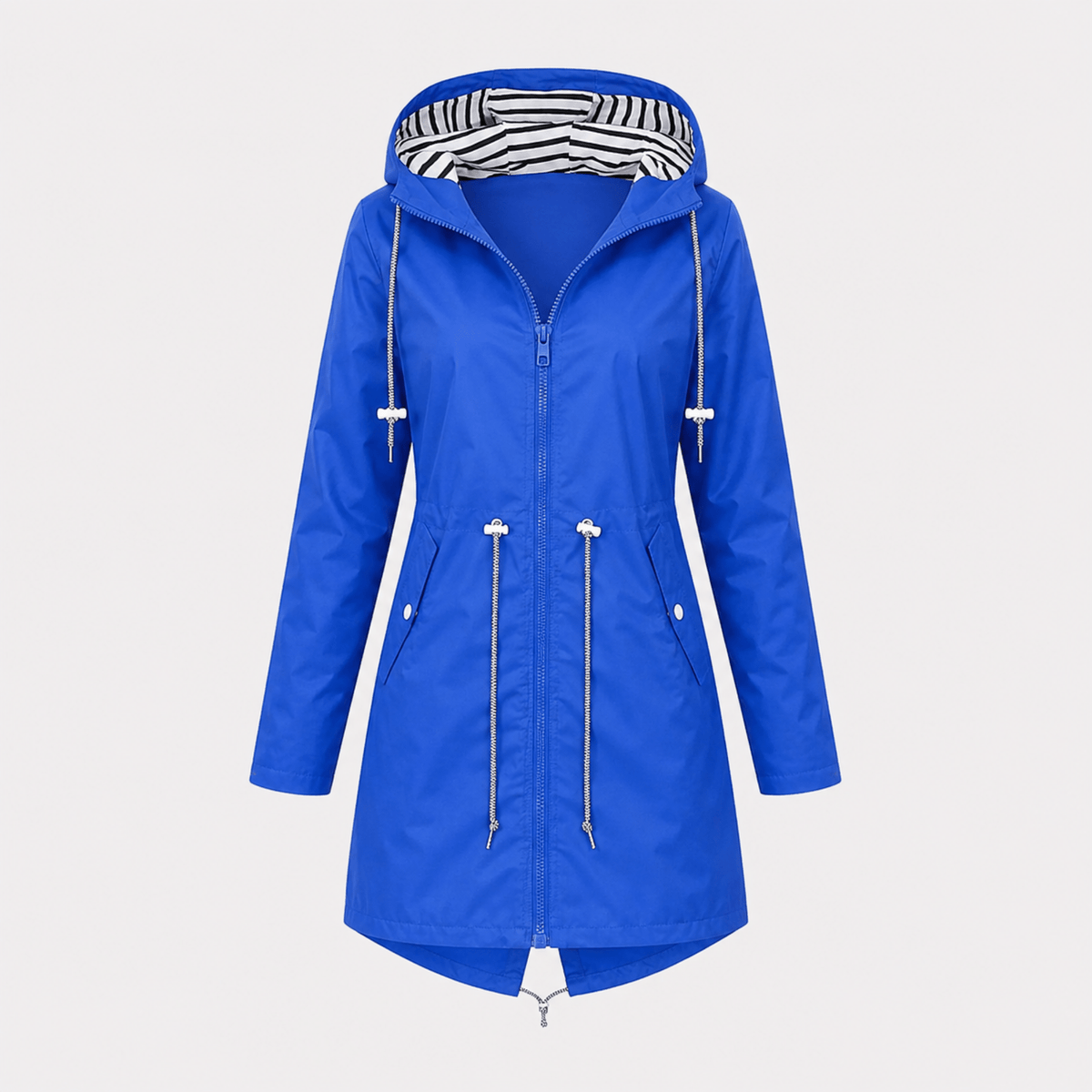 Sophie - Women's Longline Hooded Rain Jacket with Striped Lining - Rain Coat - Blue - Parker&Brooks