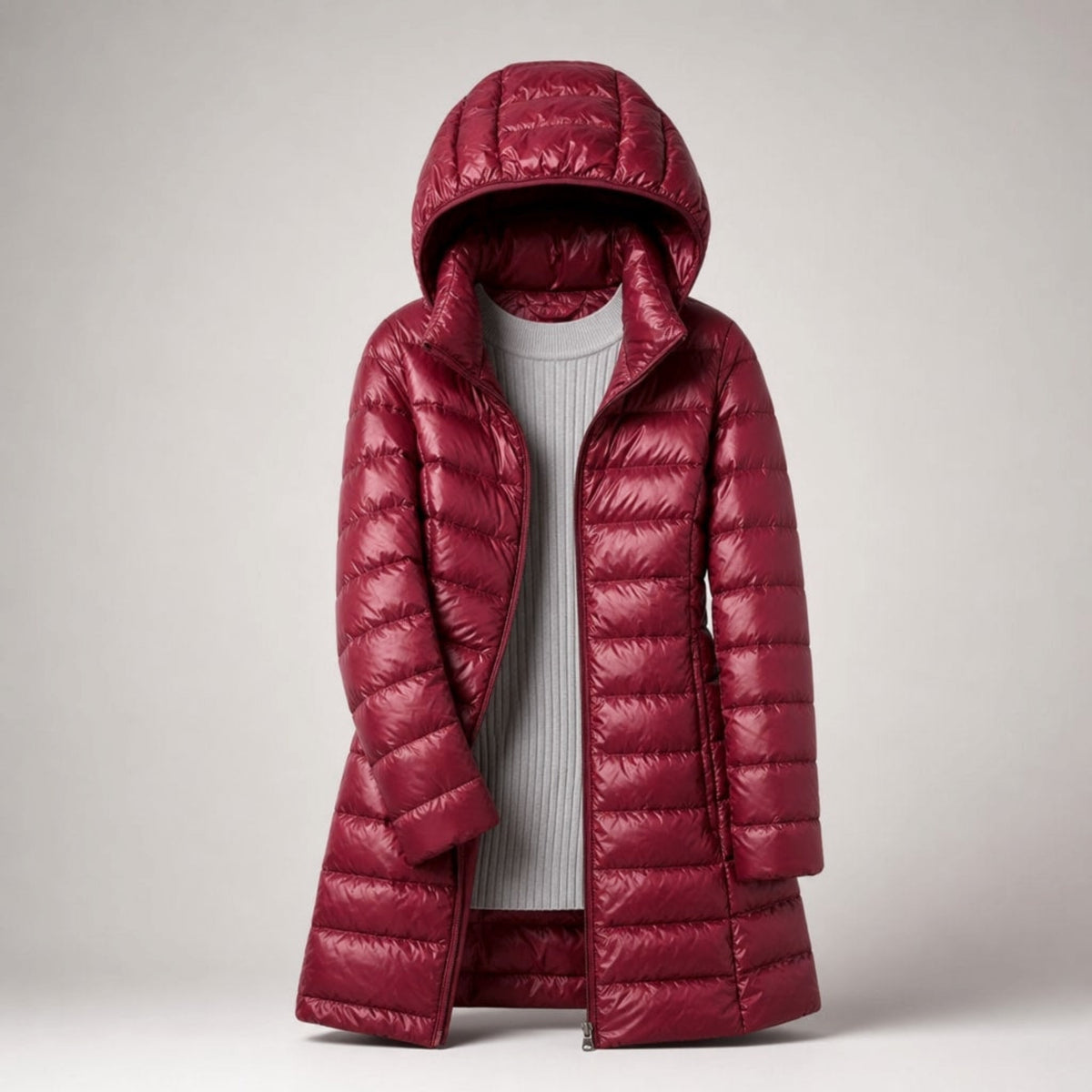 Sophie - Women's Longline Lightweight Puffer Jacket - Puffer Jacket - Burgundy - Parker&Brooks