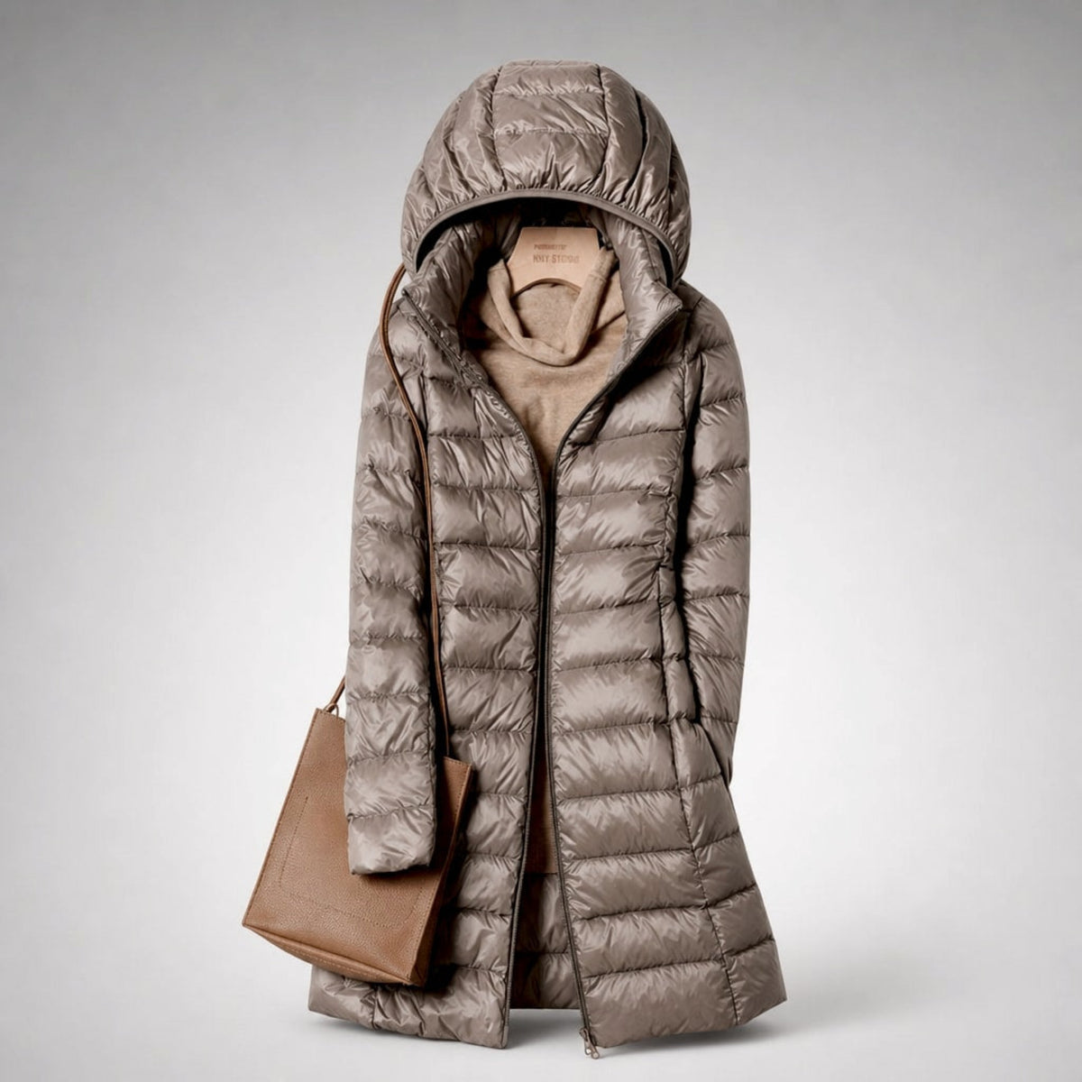 Sophie - Women's Longline Lightweight Puffer Jacket - Puffer Jacket - Khaki - Parker&Brooks