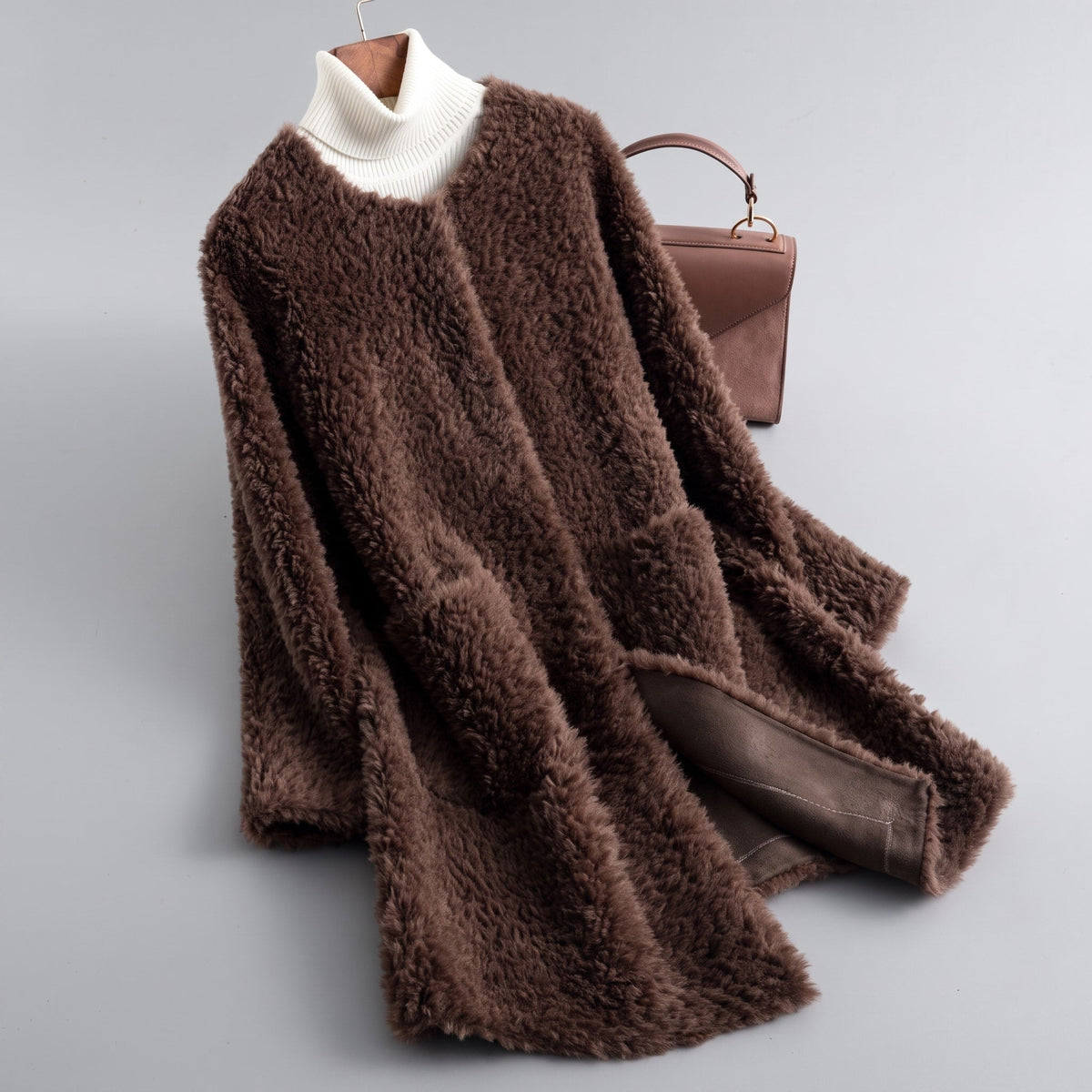 Sophie - Women's Longline Shearling Style Coat - Overcoats - Brown - Parker&Brooks