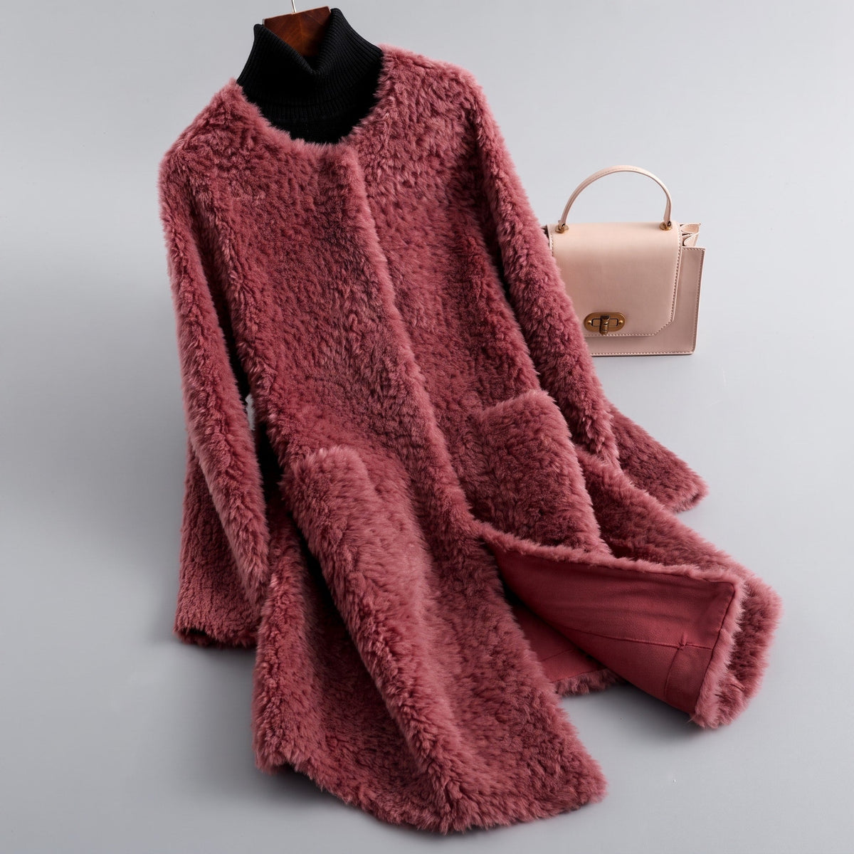 Sophie - Women's Longline Shearling Style Coat - Overcoats - Red - Parker&Brooks
