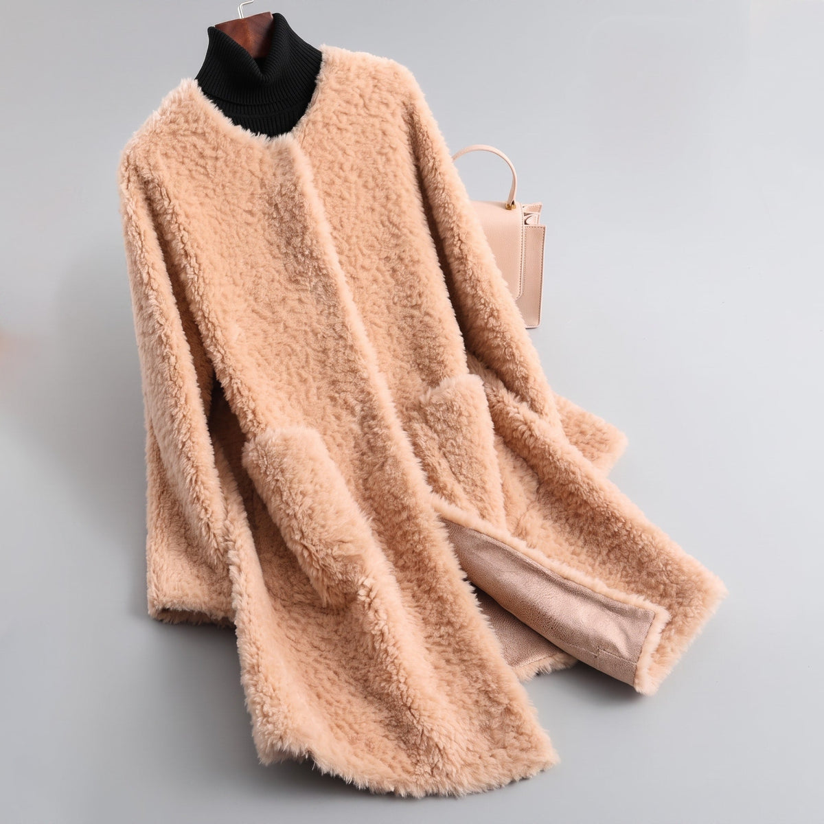 Sophie - Women's Longline Shearling Style Coat - Overcoats - Pink - Parker&Brooks