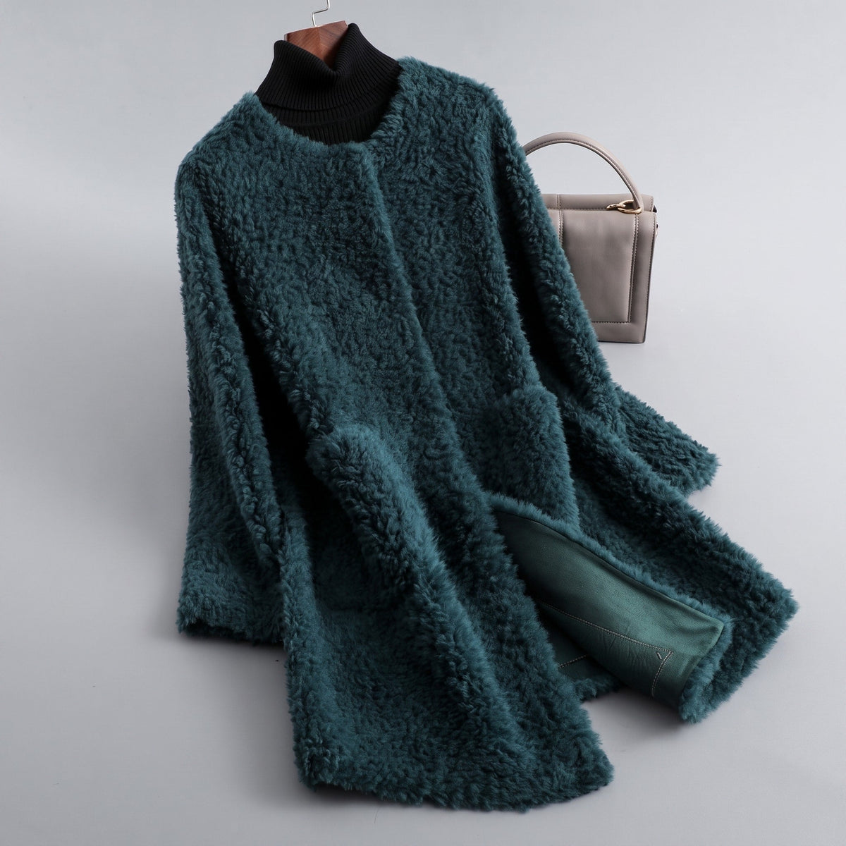 Sophie - Women's Longline Shearling Style Coat - Overcoats - Green - Parker&Brooks