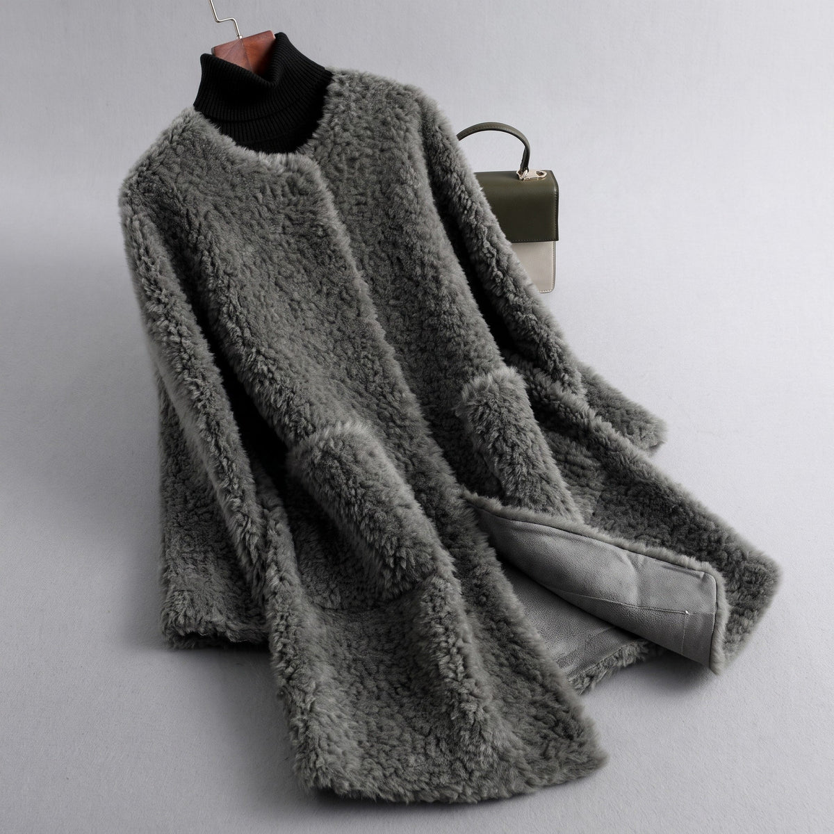 Sophie - Women's Longline Shearling Style Coat - Overcoats - Gray - Parker&Brooks