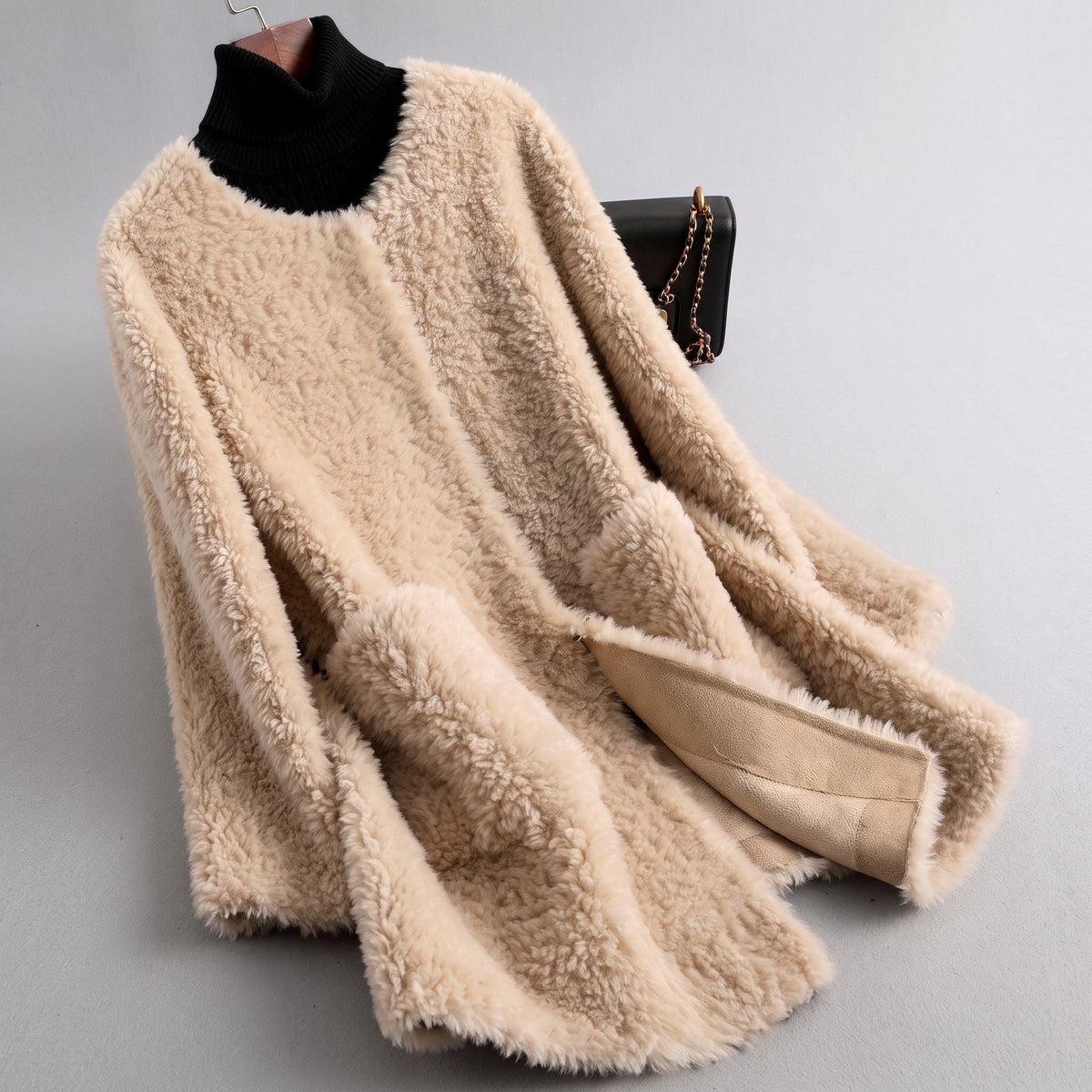 Sophie - Women's Longline Shearling Style Coat - Overcoats - Beige - Parker&Brooks