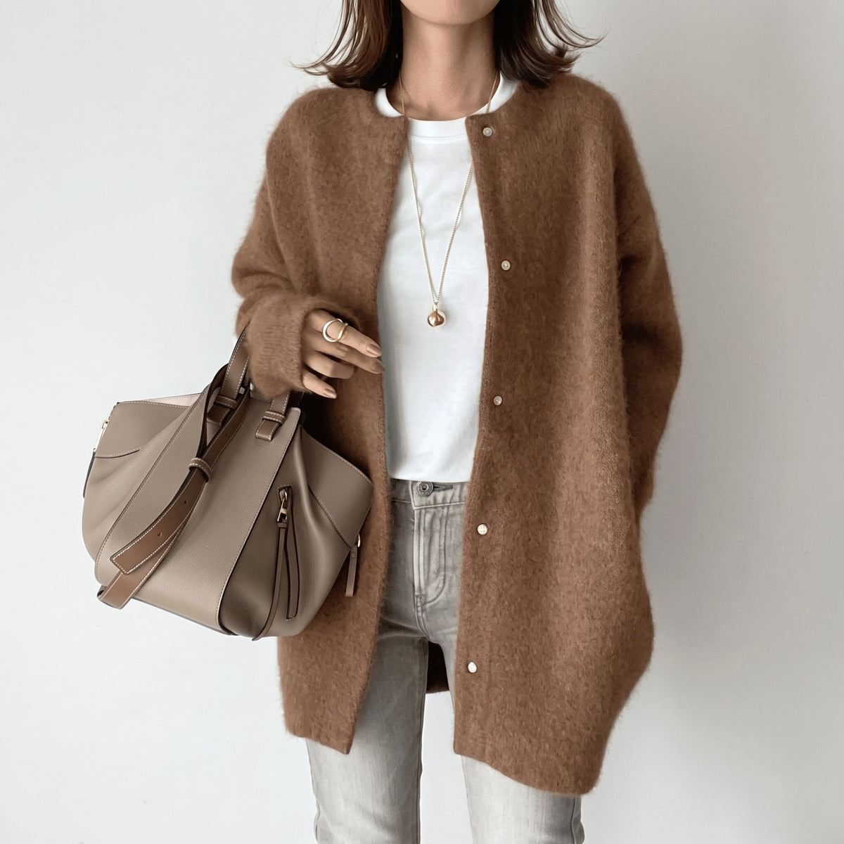 Sophie - Women's Longline Snap-Button Cardigan with Round Neck - Cardigans - Dark Brown - Parker&Brooks