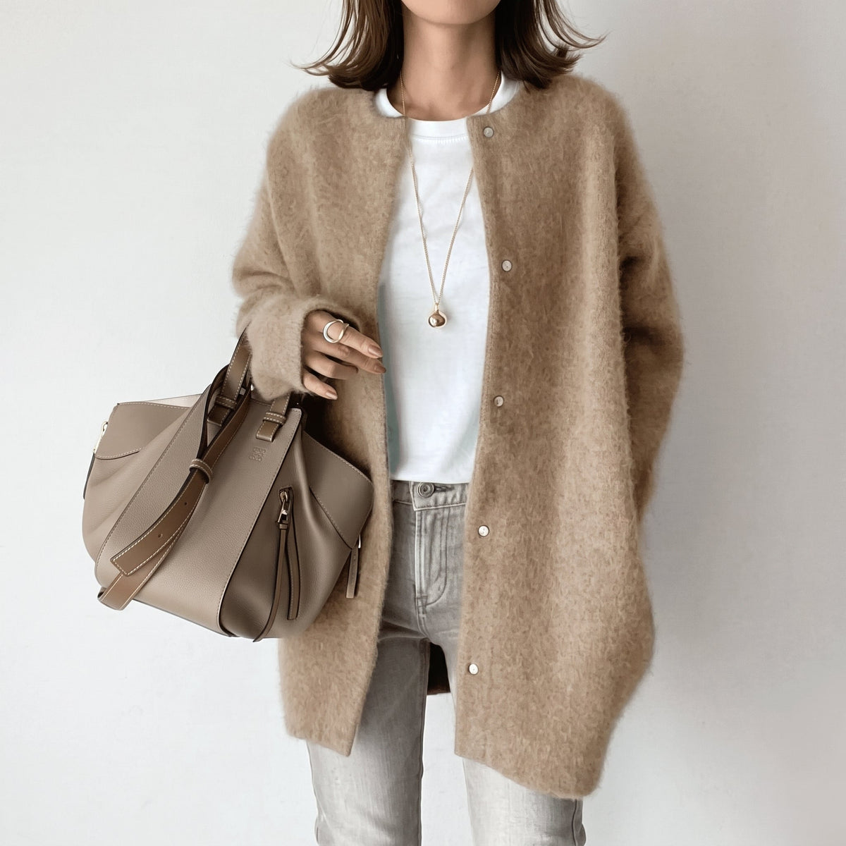Sophie - Women's Longline Snap-Button Cardigan with Round Neck - Cardigans - Light Brown - Parker&Brooks