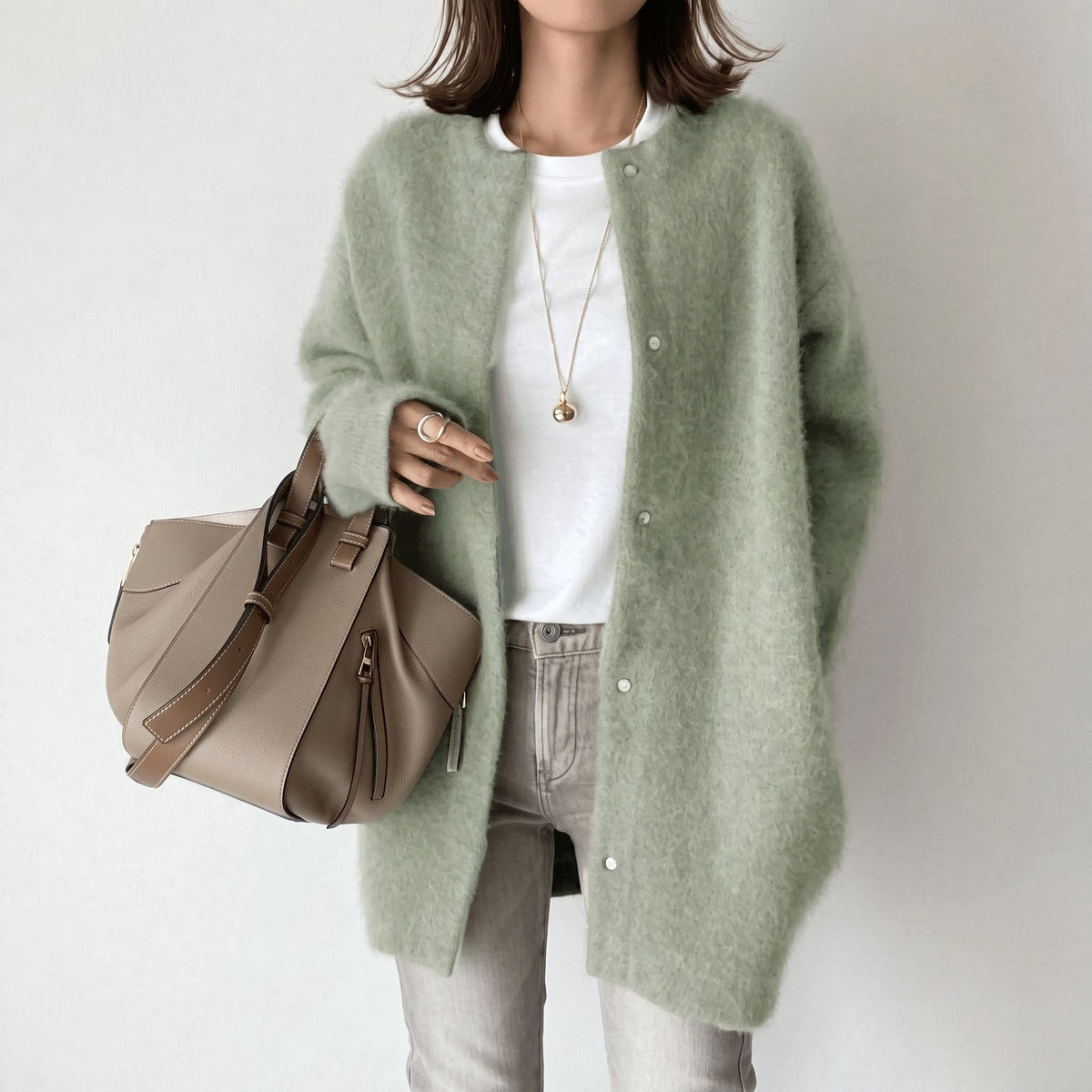 Sophie - Women's Longline Snap-Button Cardigan with Round Neck - Cardigans - Green - Parker&Brooks