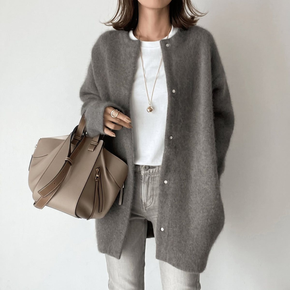 Sophie - Women's Longline Snap-Button Cardigan with Round Neck - Cardigans - Gray - Parker&Brooks