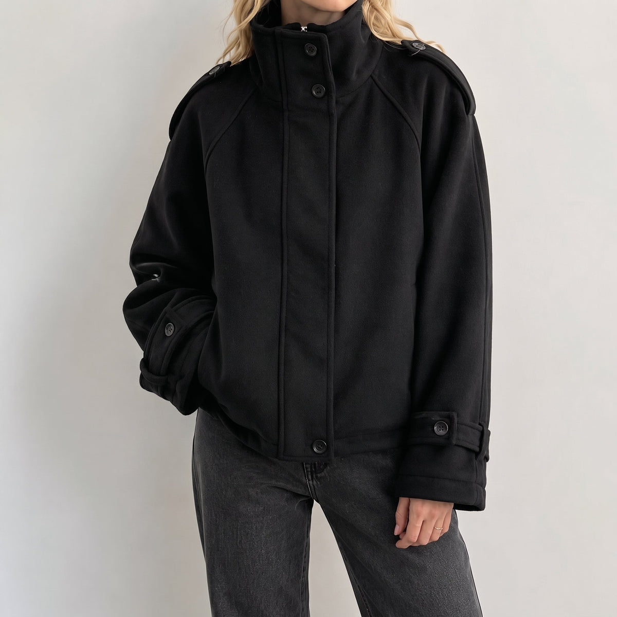 Sophie - Women's Mock Neck Oversized Stand Collar Coat - Overcoats - Black - Parker&Brooks