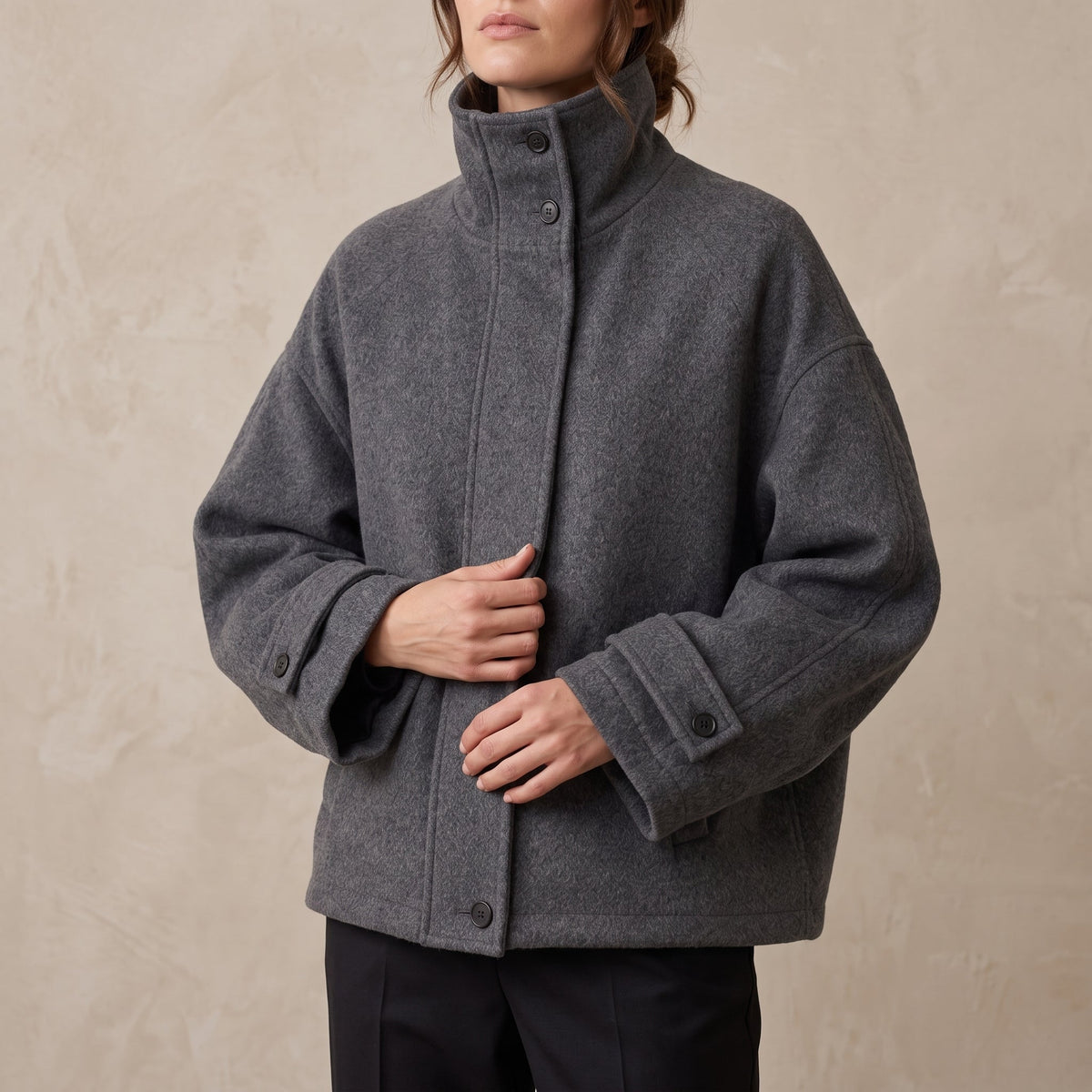Sophie - Women's Mock Neck Oversized Stand Collar Coat - Overcoats - Gray - Parker&Brooks