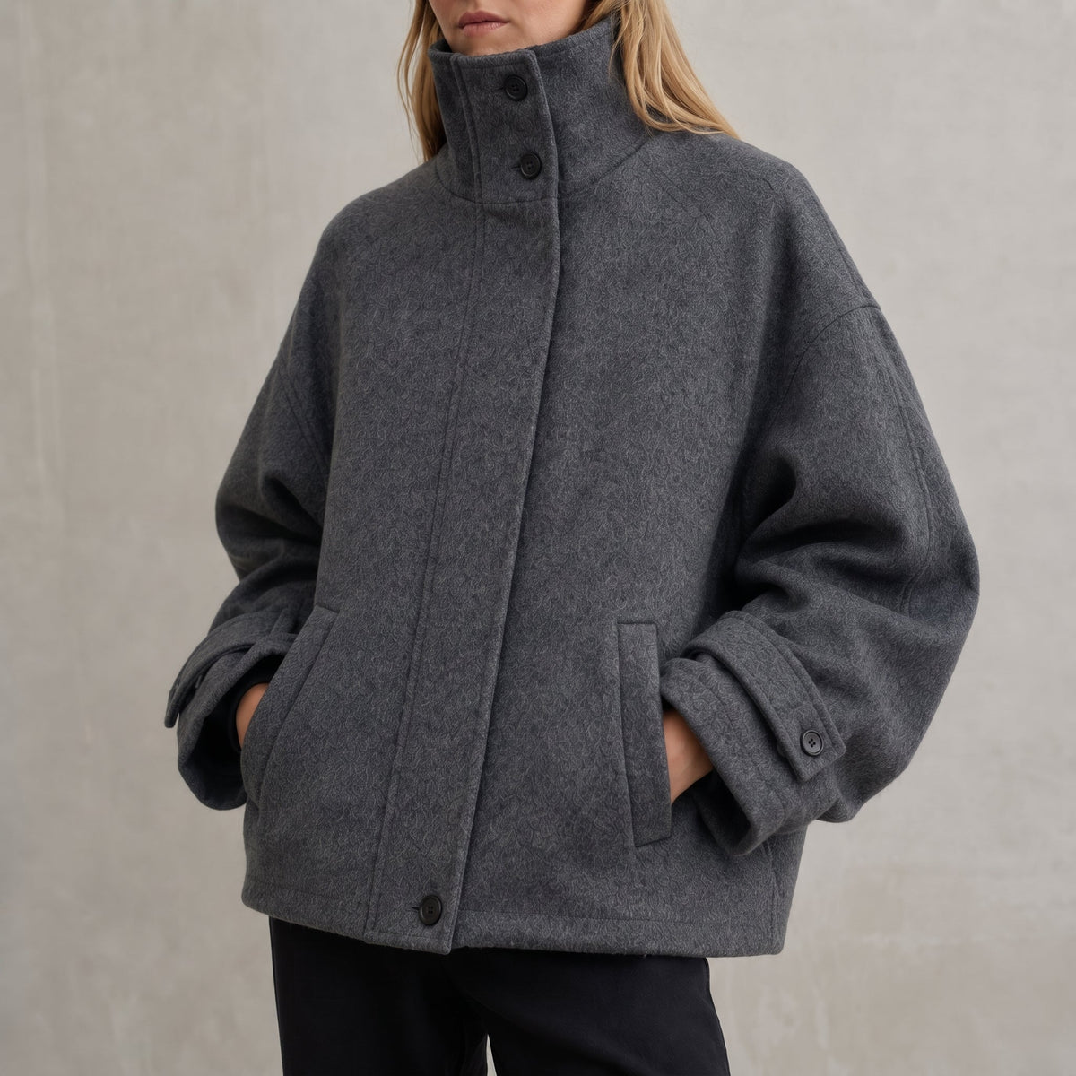 Sophie - Women's Mock Neck Oversized Stand Collar Coat - Overcoats - Gray - Parker&Brooks