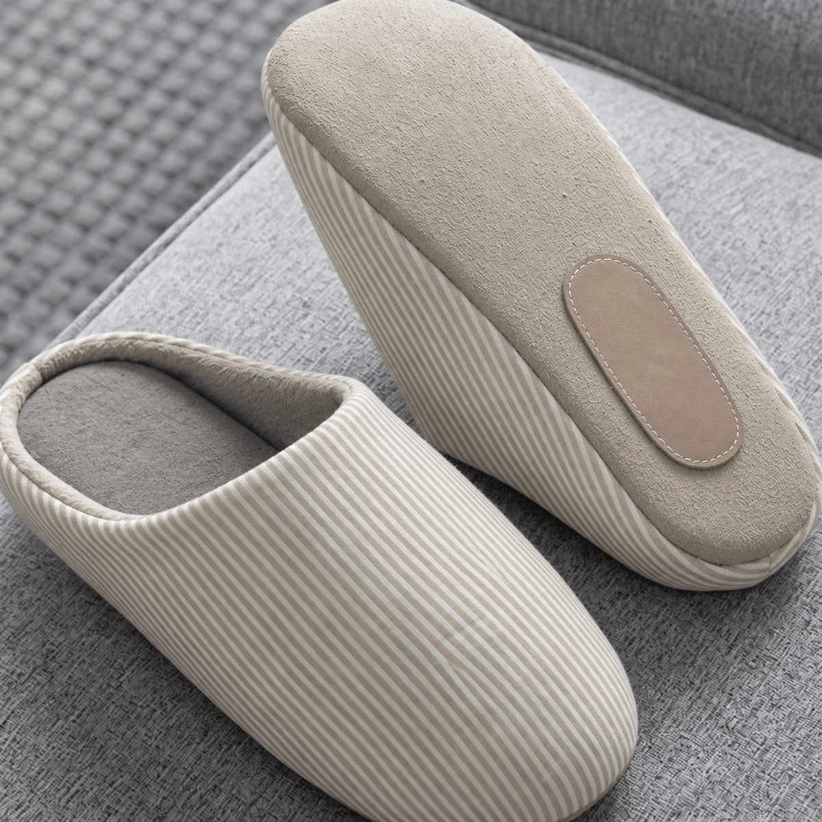 Sophie - Women's Orthopaedic Non-Slip Slippers with Striped Knit Upper - Slippers - Khaki - Sarvento