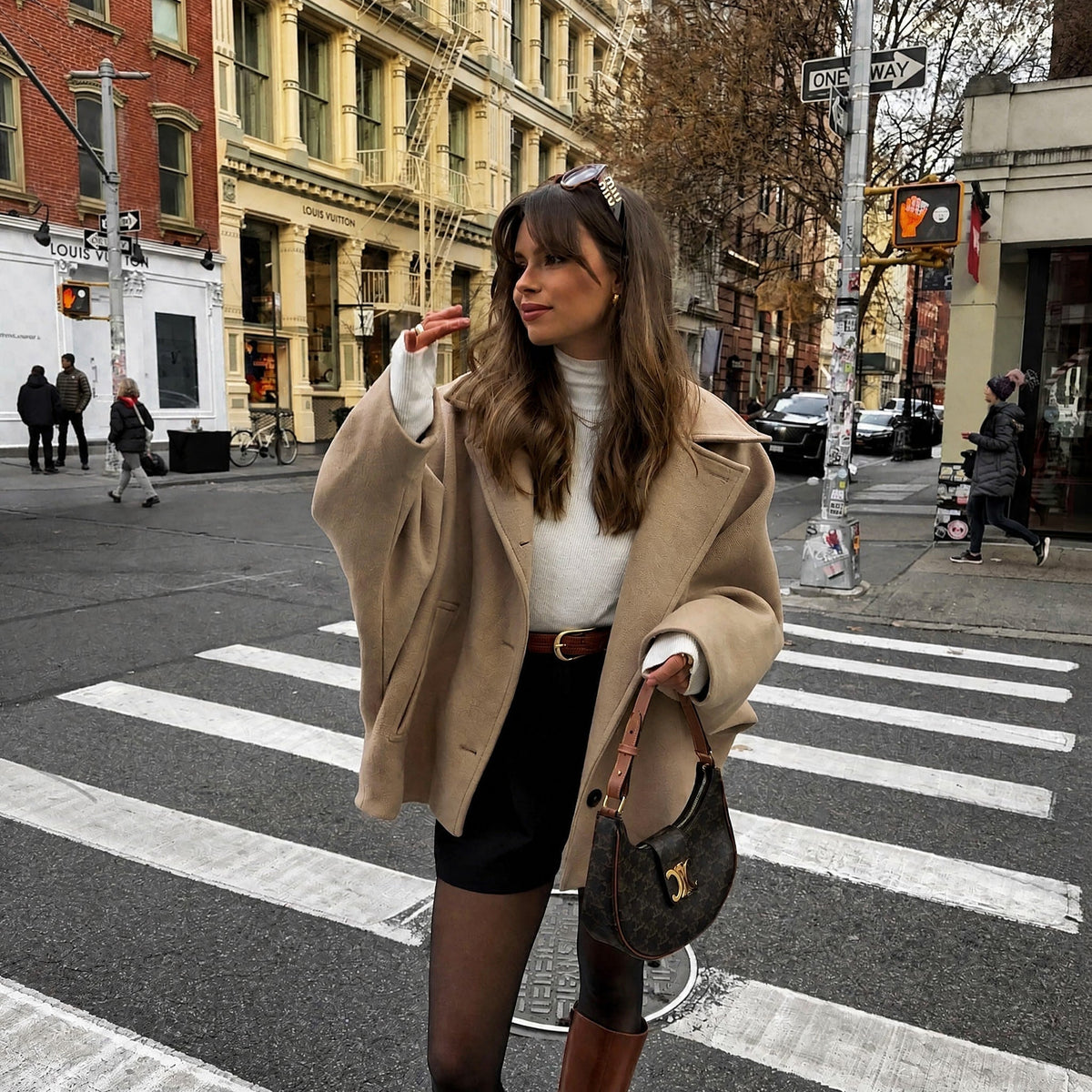 Sophie - Women's Oversized Cropped Wool-Look Jacket with Wide Collar - Coats & Jackets - Beige - Parker&Brooks