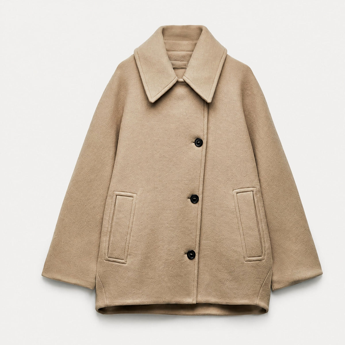 Sophie - Women's Oversized Cropped Wool-Look Jacket with Wide Collar - Coats & Jackets - Beige - Parker&Brooks