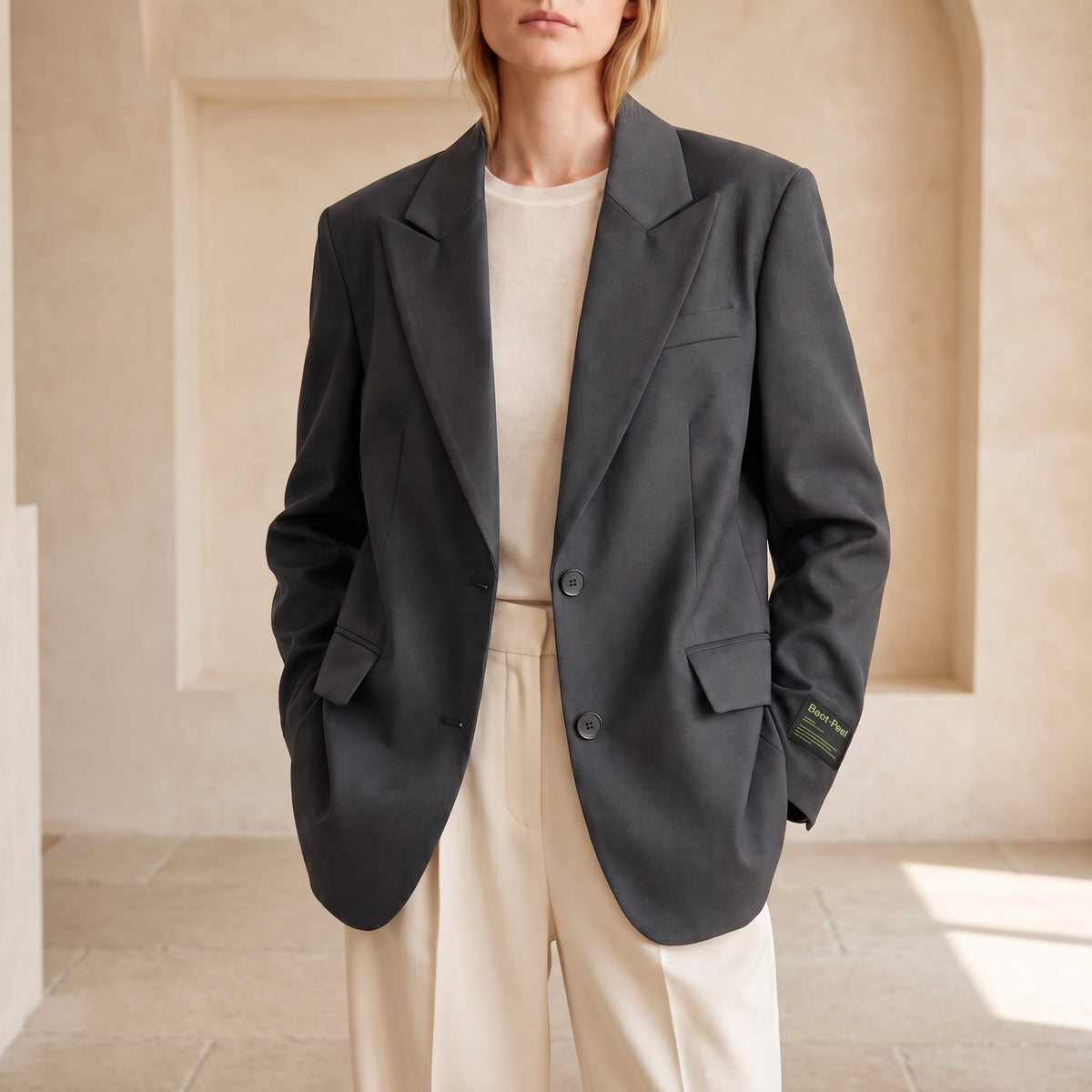 Sophie - Women's Oversized Double-Breasted Blazer with Notched Lapel - Blazers - Gray - Parker&Brooks