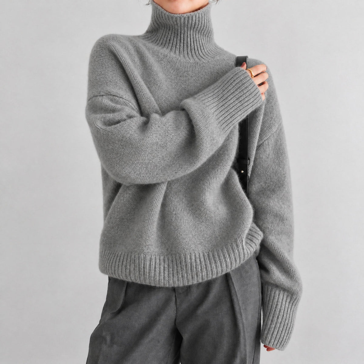 Sophie - Women's Oversized Fit Turtleneck Sweater with Ribbed Cuffs - Sweaters - Gray - Parker&Brooks