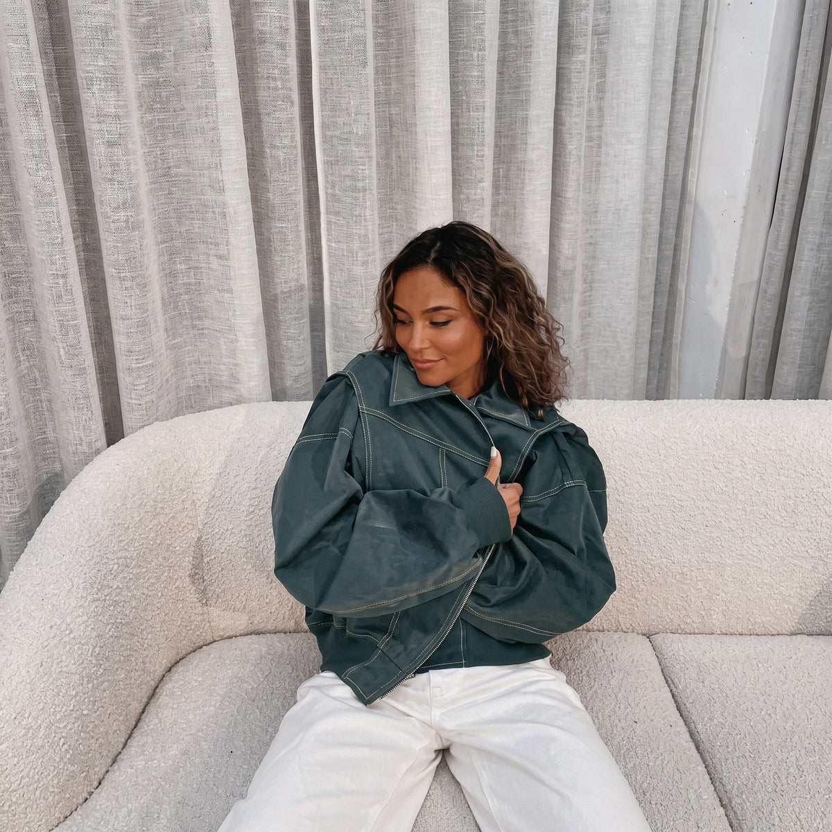 Sophie - Women's Oversized Jacket with Contrast Stitching - Coats & Jackets - Green - Parker&Brooks