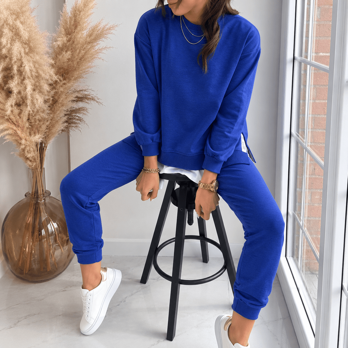 Sophie - Women's Oversized Layered Hem Sweatshirt Jogger Set - Loungewear Sets - Blue - Sarvento
