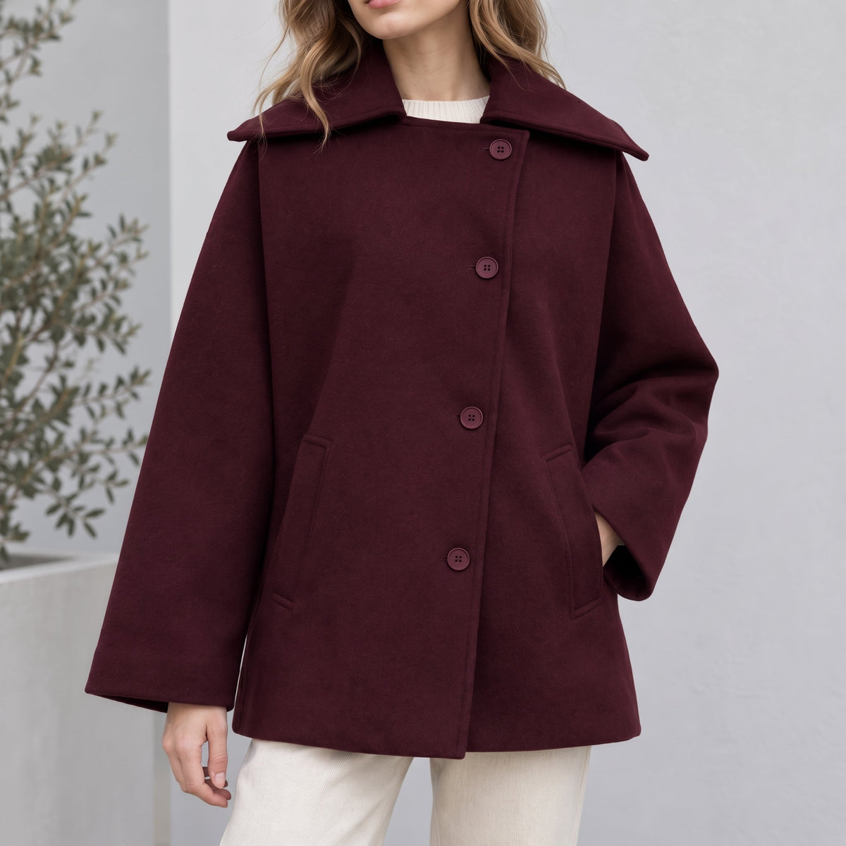 Sophie - Women's Oversized Longline Coat with Dropped Shoulders - Overcoats - Dark Red - Parker&Brooks