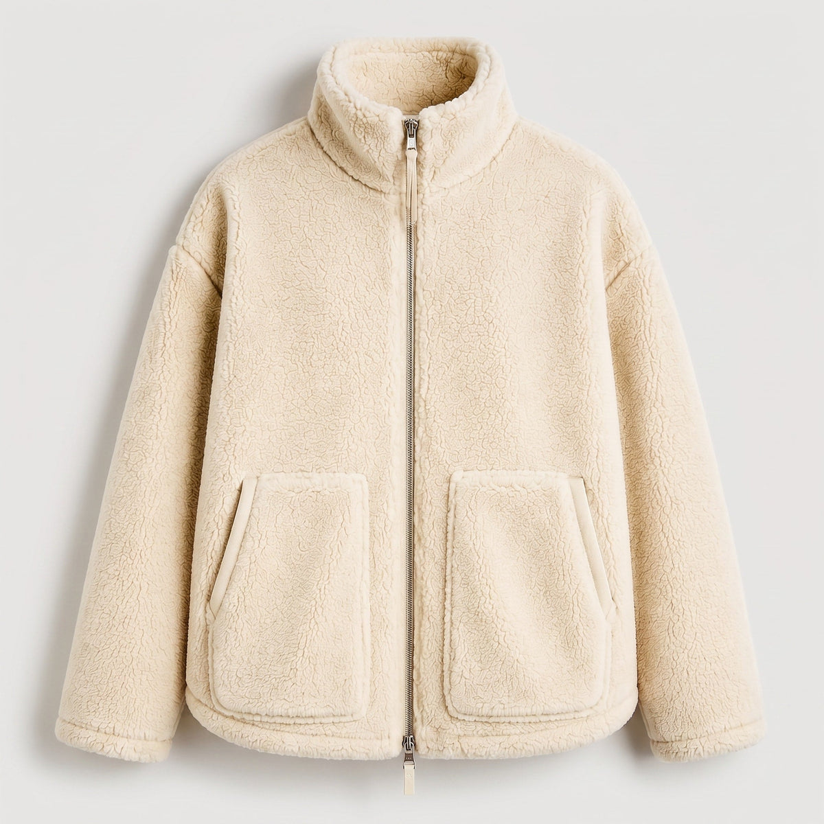 Sophie - Women's Oversized Sherpa Jacket with High Collar - Coats & Jackets - Beige - Parker&Brooks