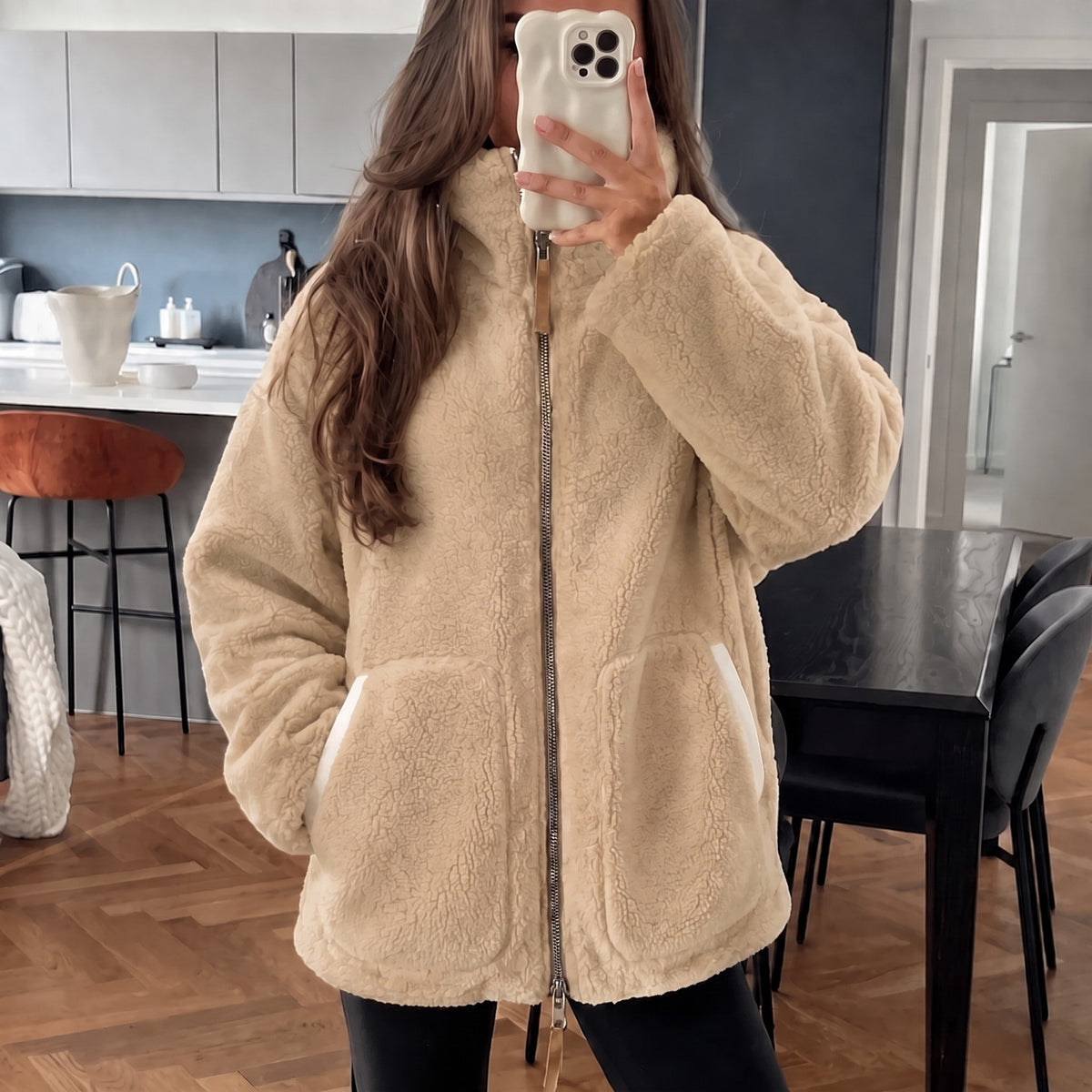 Sophie - Women's Oversized Sherpa Jacket with High Collar - Coats & Jackets - Brown - Parker&Brooks