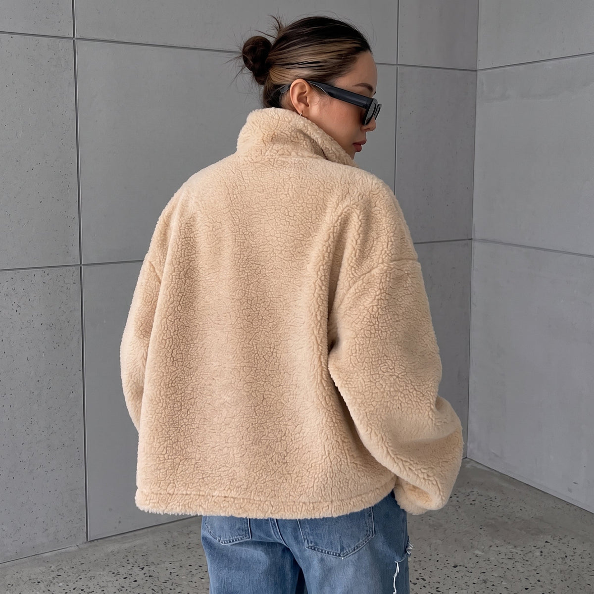 Sophie - Women's Oversized Sherpa Jacket with High Collar - Coats & Jackets - Brown - Parker&Brooks
