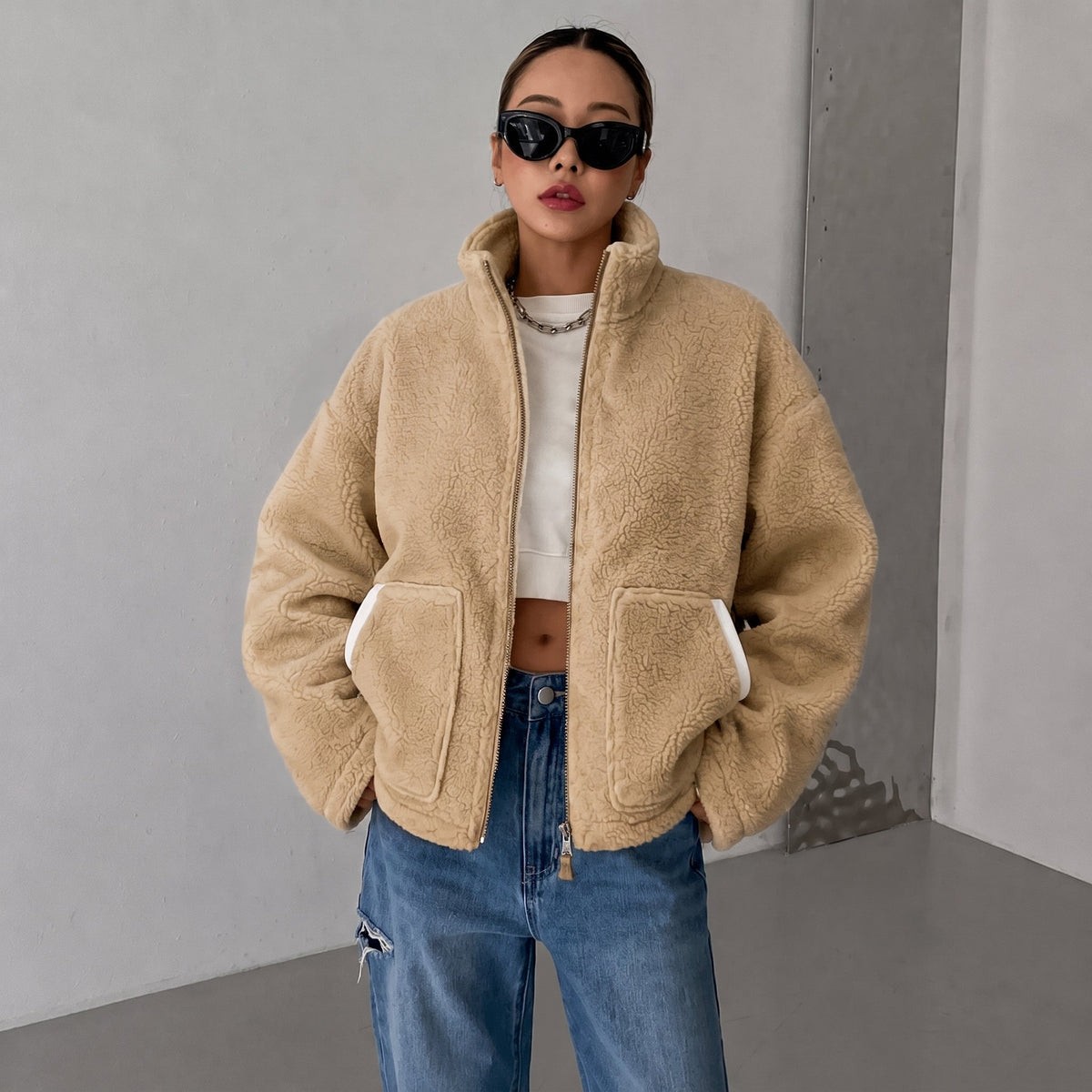 Sophie - Women's Oversized Sherpa Jacket with High Collar - Coats & Jackets - Brown - Parker&Brooks