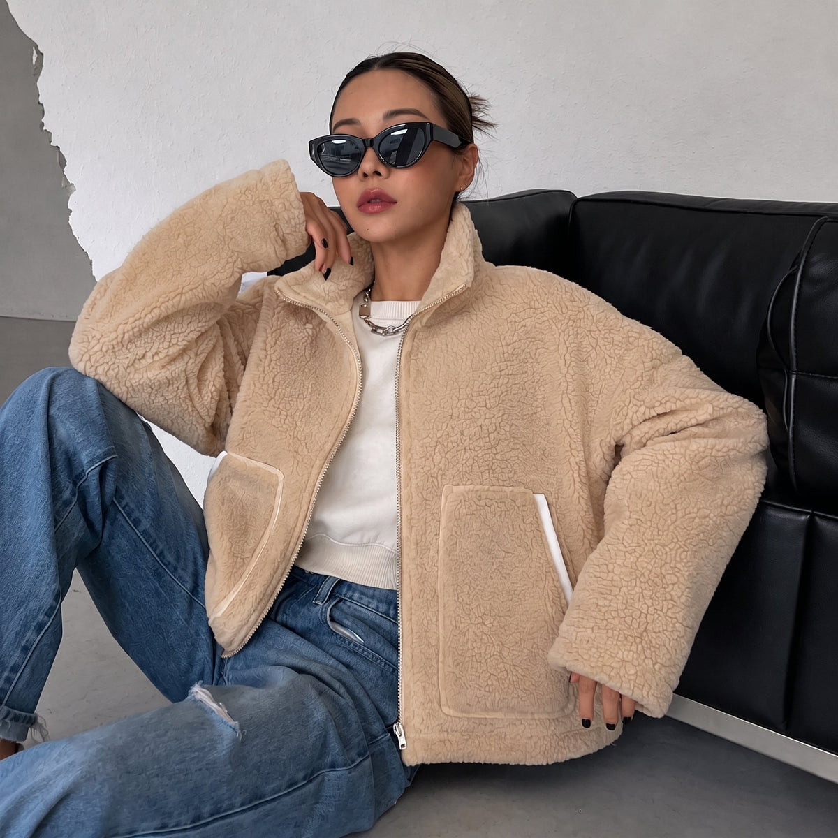 Sophie - Women's Oversized Sherpa Jacket with High Collar - Coats & Jackets - Brown - Parker&Brooks