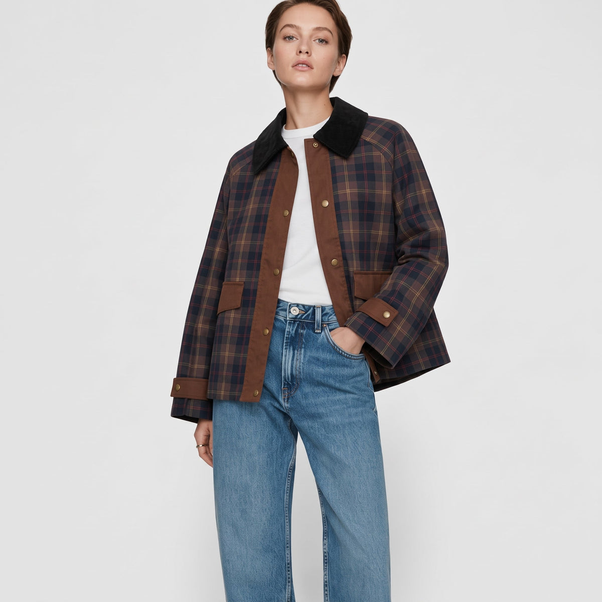 Sophie - Women's Plaid Jacket with Contast Collar - Coats & Jackets - Brown - Parker&Brooks